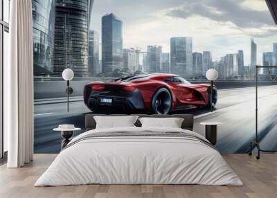 A red sports car speeds through a city at sunset. Wall mural