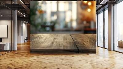 Close-up of a rustic wooden table top with a blurred background of a cafe or restaurant. Wall mural