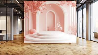 Empty white pedestal podium with pink blossom trees and pink walls for product display. Wall mural