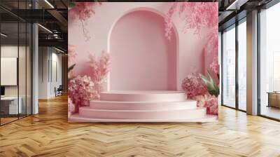 Pink floral backdrop with round podium and arched doorway. Wall mural