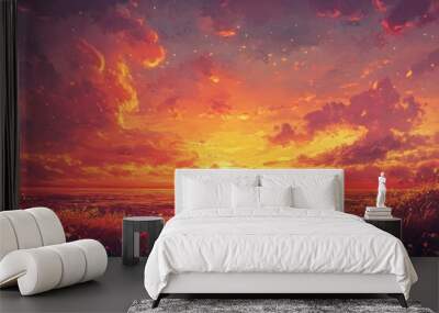 Sunset over a grassy field with ocean in the distance, painted in warm, red and orange tones. Wall mural