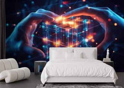 Two hands holding a glowing cube made of digital lines and dots, representing data, technology, or innovation. Wall mural