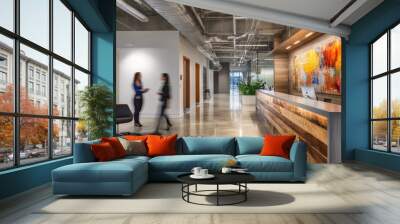 Two women walk past a reception desk in a modern office. The desk is made of wood and has a contemporary design. There is a large abstract painting hanging on the wall behind the desk. Wall mural