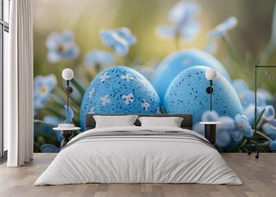 Blue Easter Eggs Nestled in Spring Flowers Wall mural