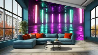 Neon Lights Reflecting On Wet Tiles In A Dark Underground Room Wall mural