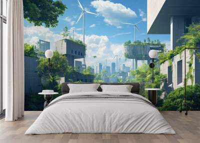 Illustration of a futuristic city powered by wind turbines, with lush greenery and modern architecture. The composition captures the harmony between technology and nature. Wall mural