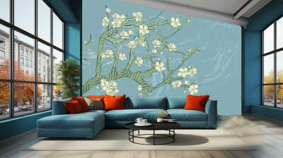 Spring almond branch, flowers. Blooming tree vintage. Boho style. By pictures Vincent Van Gogh almond branch retro. Wall mural