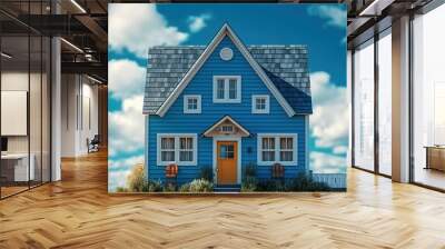 A blue house with a blue roof and a sky background Wall mural