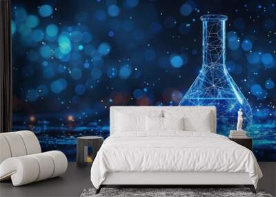 Abstract lab flask with blue liquid and chemistry molecule Wall mural