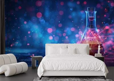 Abstract lab flask with blue liquid and chemistry molecule Wall mural