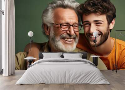 Adult hipster son fun hugging old senior father at home Wall mural