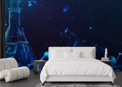 Blue Liquid in Flask Against a Dark Blue Background with Molecules Wall mural