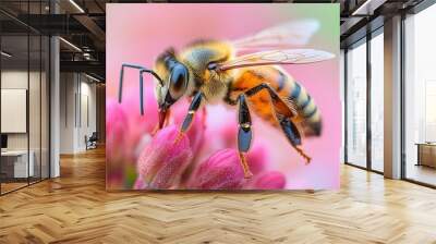 Close Up of a Honey Bee on a Pink Flower Wall mural