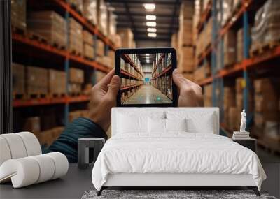 Hands of engineer using a tablet in a logistics center Wall mural