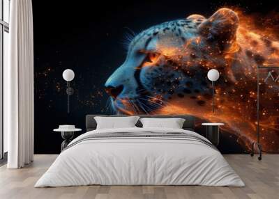 mash line and point cheetah in flames style on dark background Wall mural