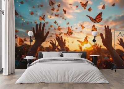 Raising human hands and butterfly Wall mural