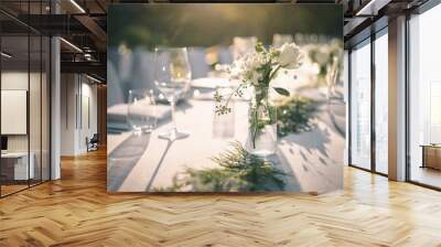 Beautiful outdoor table setting with white flowers for a dinner, wedding reception or other festive event. Wall mural