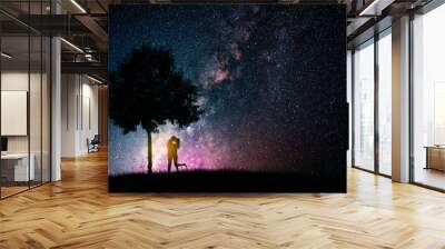 Couple love hug and kiss on night starry sky. Valentine's day and romantic design concept. Wall mural