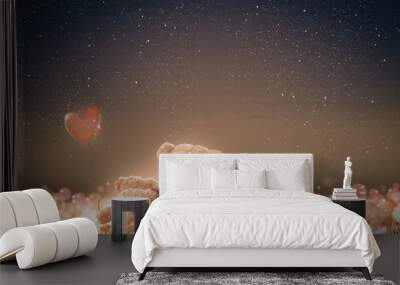 Couple love teddy bear (non branded) hugging on starry night sky, love concept
 Wall mural