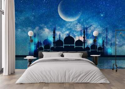 Ramadan Kareem season greeting with mosque and shiny star night Wall mural