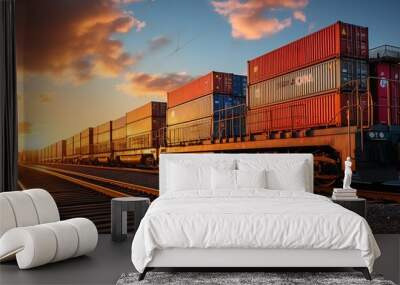 Train wagons carrying cargo containers for shipping companies Wall mural