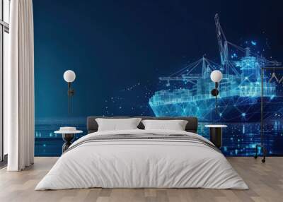 Wireframe Container Ship on Blue Water Wall mural