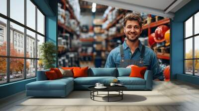 young man in overalls showing red and orange construction helmets to camera Wall mural