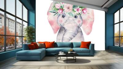 A poster with a baby elephant. Watercolor cartoon elephant tropical animal illustration. Jungle exotic summer print. Wall mural