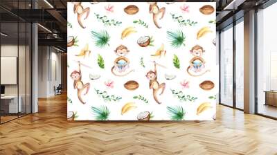 Baby animals nursery isolated seamless pattern. Watercolor boho tropical drawing, child tropical drawing cute monkey and palm tree, tropic green texture,exotic flower. Aloha backgraund Wall mural