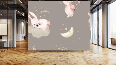 Cute baby rabbit animal dream illustration comet with gold stars in night sky, forest bunny illustration for children clothing. Nursery Wallpaper poster Woodland watercolor  Wall mural