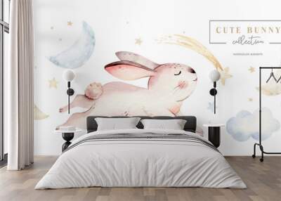 Cute baby rabbit animal dream illustration comet with gold stars in night sky, forest bunny illustration for children clothing. Nursery Wallpaper poster Woodland watercolor Hand drawn design poster Wall mural