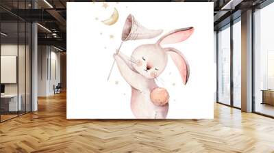 Cute baby rabbit animal dream illustration comet with gold stars in night sky, forest bunny illustration for children clothing. Nursery Wallpaper poster Woodland watercolor Hand drawn design poster Wall mural