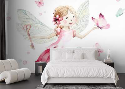 Cute Fairy character watercolor illustration on white background. Magic fantasy cartoon pink fairytale design. Baby girl birthday Wall mural