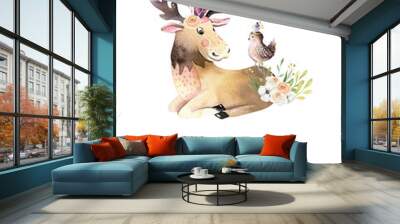 Cute watercolor bohemian baby moose animal poster for nursary, alphabet woodland isolated forest illustration for children. Baby shower animals invitation Wall mural