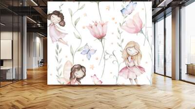 Fairy and Flowers watercolor seamless girls nursery pattern. Cartoon pink magic girl baby background. Faitytale textile art Wall mural