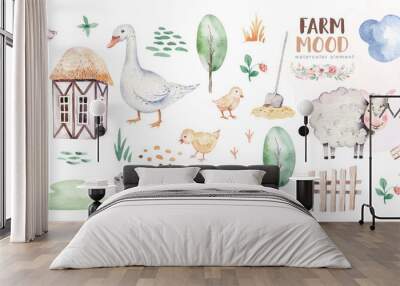 farms animal set mill. Cute domestic pets watercolor illustration. horse and goose. ranchp pig design with goat. rooster chicken and sheep, cow. Wall mural