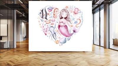 frame of sea animals. Blue watercolor ocean fish wreath, turtle, whale and coral. Shell aquarium mermaid submarine. Nautical dolphin marine illustration, jellyfish, starfish Wall mural