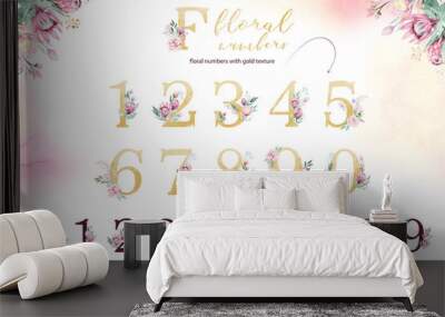 Gold glitter letter alphabet. Isolated Golden alphabetic fonts and numbers on white background. Floral wedding font text illustration Wall mural