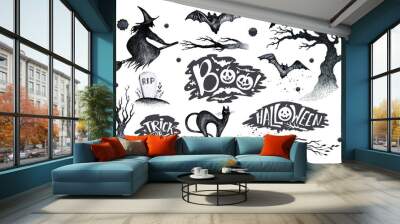 Halloween hand drawing black white graphic set icon, drawn Hallo Wall mural