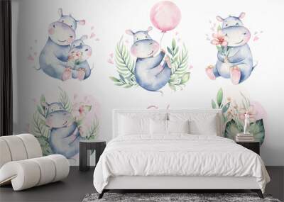 Hand drawn cute isolated tropical summer watercolor hippo animals. hippopotamus baby and mother cartoon animal illustrations, jungle tree, brazil trendy design. Aloha collection. Wall mural