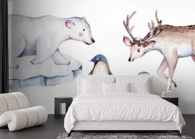 polar arctic animals watercolor collection. snowy owl. reindeer and polar bear, arctic fox. Baby penguin, walrus and seal, hare. hand drawn whale Wall mural