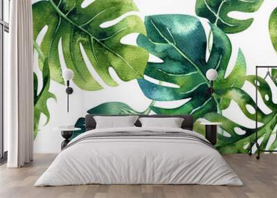 Seamless watercolor pattern of tropical leaves, dense jungle. Ha Wall mural