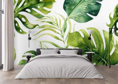 Seamless watercolor pattern of tropical leaves, dense jungle. Hand painted. Texture with tropic summertime  may be used as background, wrapping paper, textile or wallpaper design. Wall mural