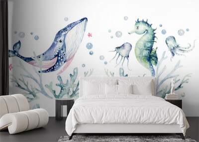 Set of sea animals. Blue watercolor ocean fish, turtle, sea horse whale and coral. Shell aquarium background. Nautical marine hand painted illustration. Wall mural