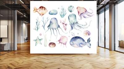 Set of sea animals. Blue watercolor ocean fish, turtle, whale and coral. Shell aquarium background. Nautical marine hand painted illustration. Wall mural