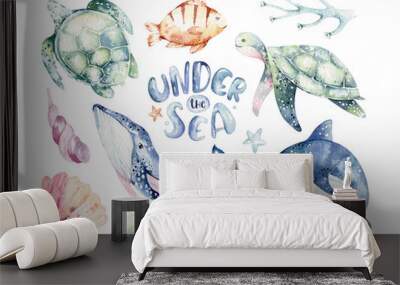 Set of sea animals. Blue watercolor ocean fish, turtle, whale and coral. Shell aquarium background. Nautical wildlife dolphin marine illustration, jellyfish, starfish Wall mural