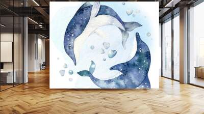 Set of sea animals. Blue watercolor ocean fish, turtle, whale and coral. Shell aquarium background. Nautical wildlife dolphin marine illustration, jellyfish, starfish Wall mural