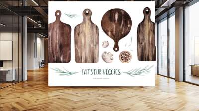 Set of watercolor kitchen wooden cutting boards. Hand drawn Illustration for kitchen posters. Restaurant board menu Scandinavian style kit design. Isolated on white. Wall mural