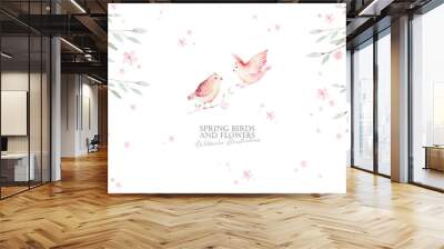 Spring bird on blooming branch with green leaves and flowers. Watercolor wedding invitation card blossom painting. Hand drawn pink wreath design. Cherry isolated branch decoration. Wall mural