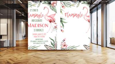 Tropical watercolor birds hummingbird, monkey and jaguar, exotic jungle plants palm banana leaves flowers, flamingo pastel color seamless fabric background Wall mural